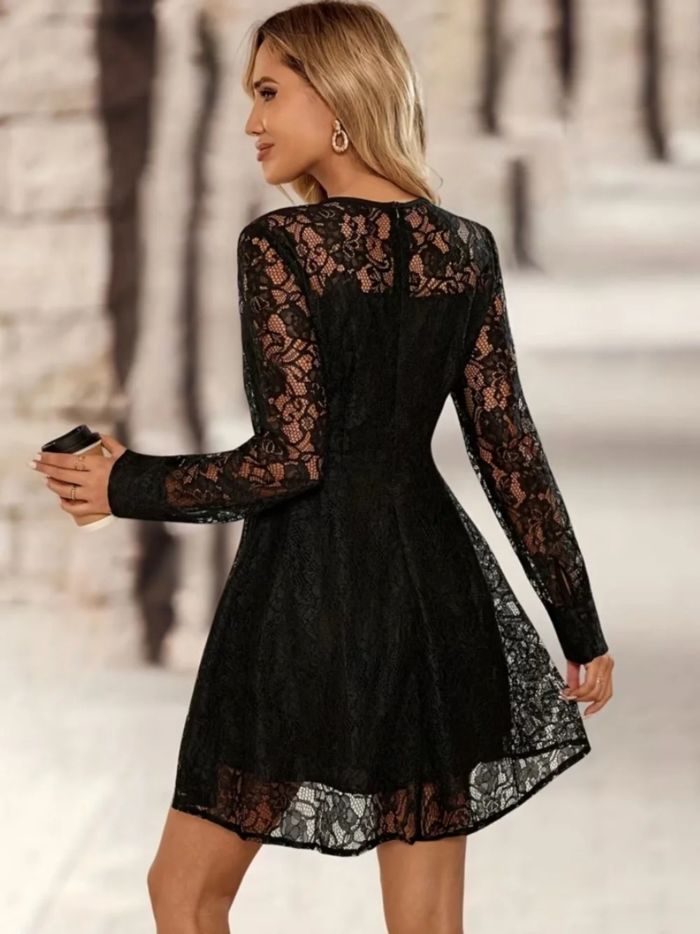Black Lace Long-Sleeve A-Line Dress